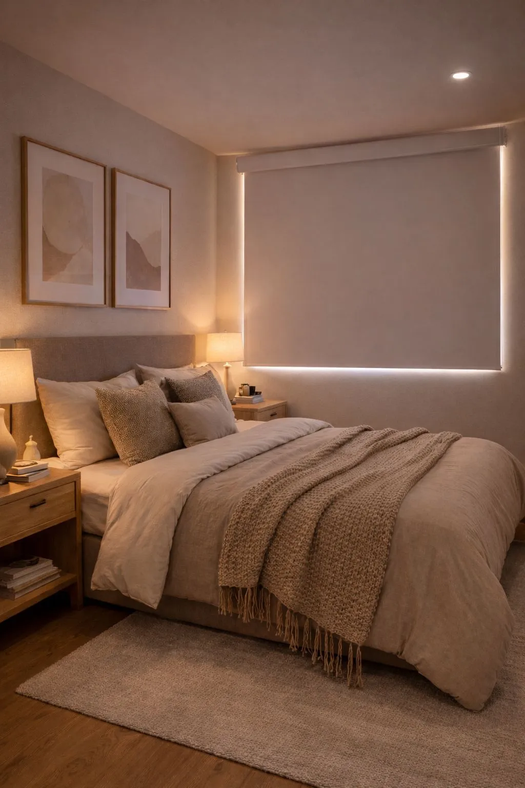 Quarto depois: persiana rolô blackout fechada, ambiente aconchegante